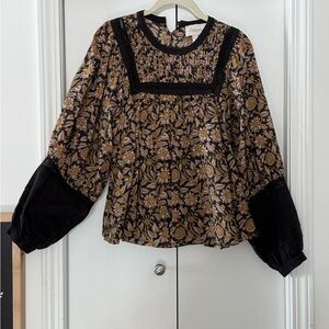 Cleobella Black Floral Lace-Trim Peasant Blouse